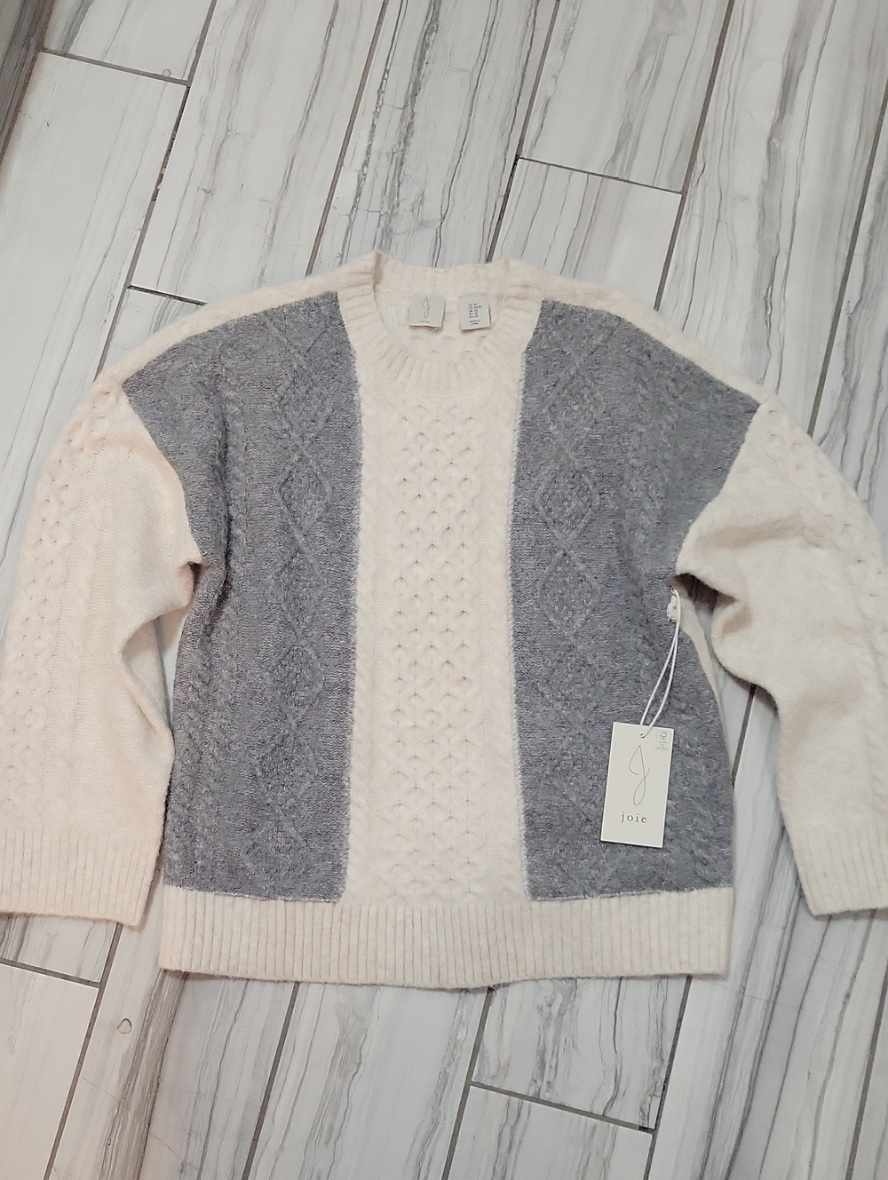 Joie Two-Tone Cable Crew Sweater in Cream and Gray Oversized